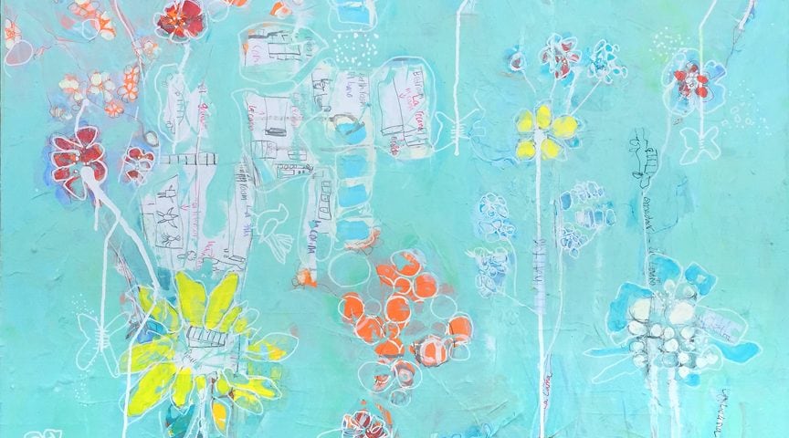 Spanish Homework, 36" x 36" mixed media on canvas, ©Kellie Day