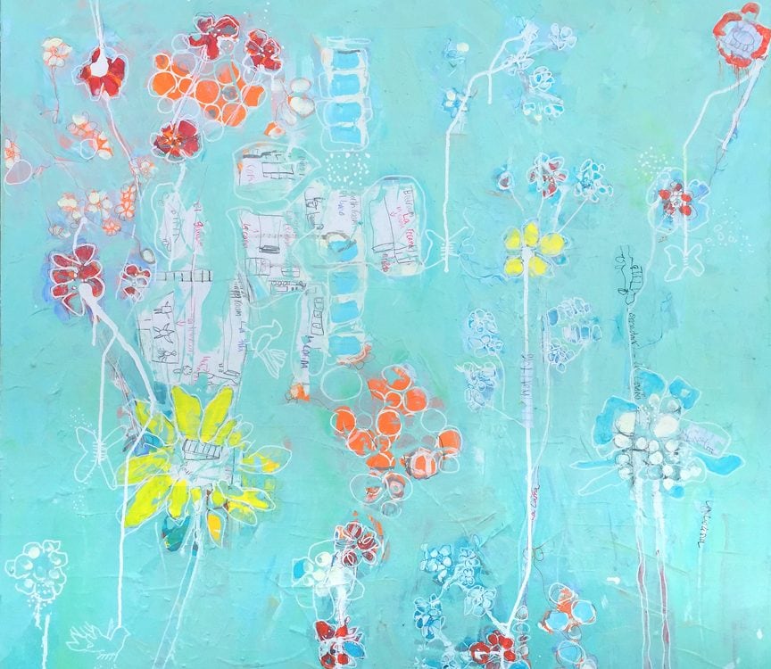 Spanish Homework, 36" x 36" mixed media on canvas, ©Kellie Day