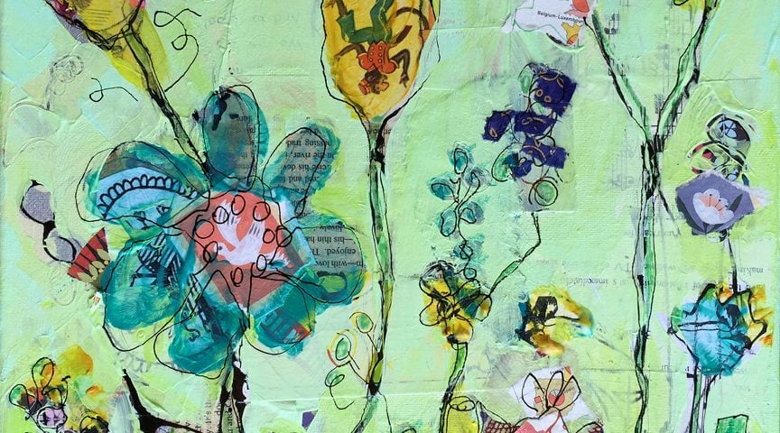 Doodle Garden, mixed media on canvas, ©Kellie Day, Available, 10" x 10"