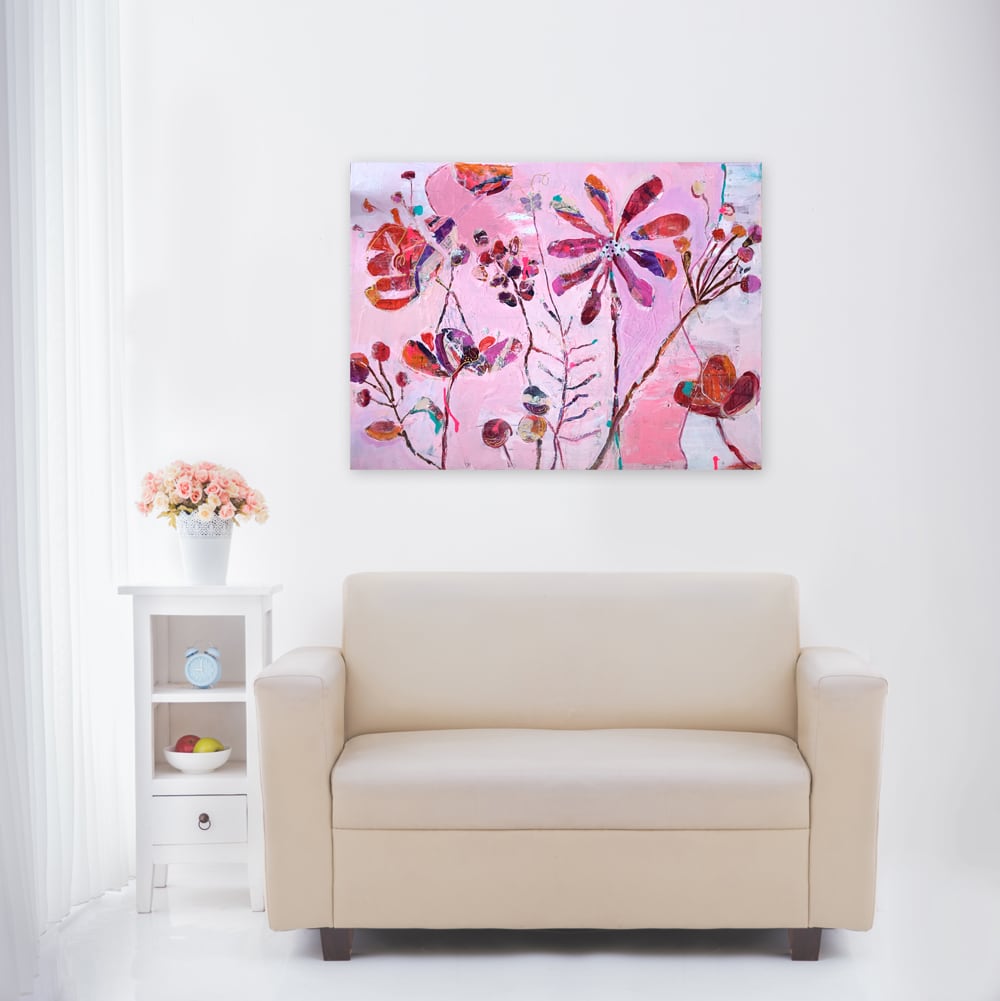 Wild in the Woods, mixed media pink flowers on canvas, 24" x 18", ©Kellie Day