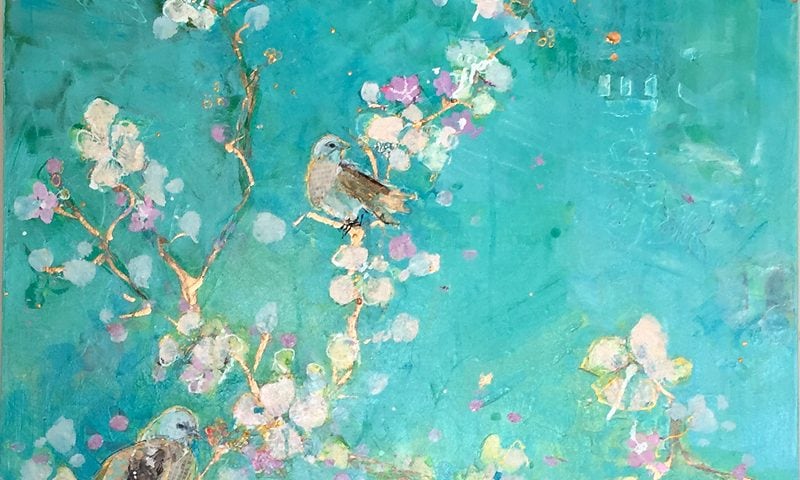 Gospel of Birds, mixed media bird painting, ©Kellie Day, 30" x 40", available