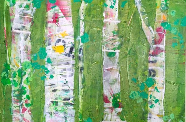 Spray Paint Aspens 1, mixed media on canvas, 24" X 24", ©Kellie Day