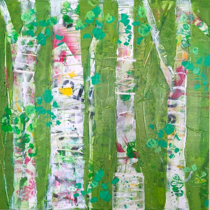 Spray Paint Aspens 1, mixed media on canvas, 24" X 24", ©Kellie Day