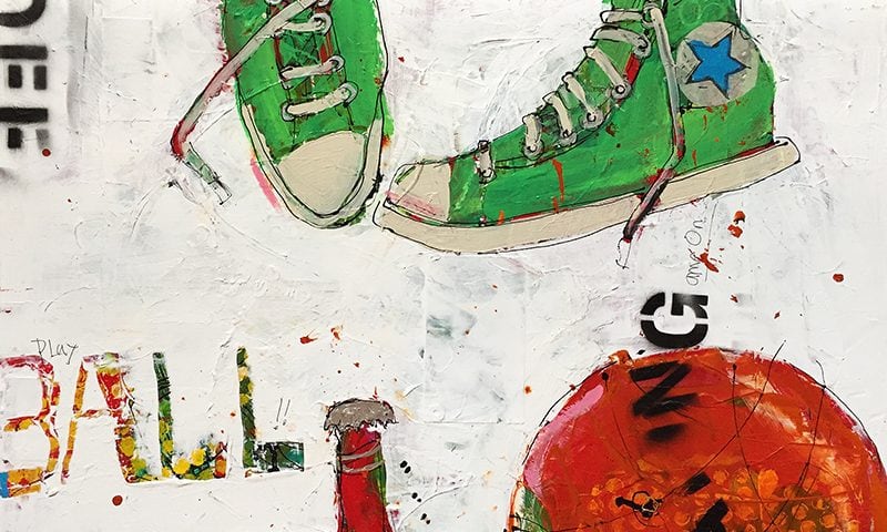 Hoops and Beer, 30" x 30",mixed media basketball painting, ©Kellie Day