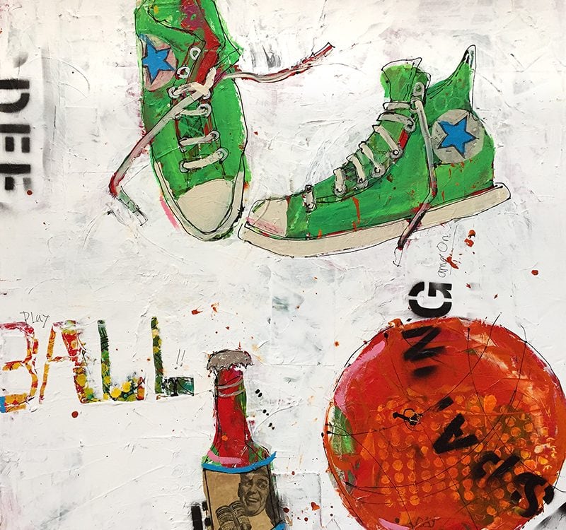Hoops and Beer, 30" x 30",mixed media basketball painting, ©Kellie Day
