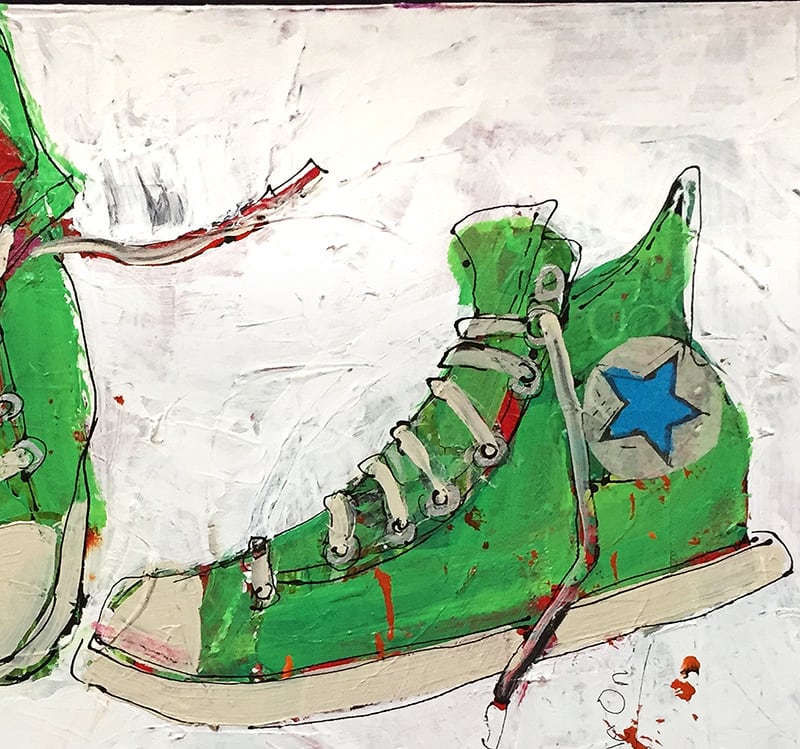Detail of Hoops and Beer, 30" x 30",mixed media basketball painting, ©Kellie Day