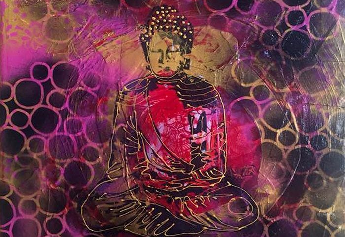 Spray Paint Buddha, 14" x 18", mixed media Buddha on canvas, ©Kellie Day