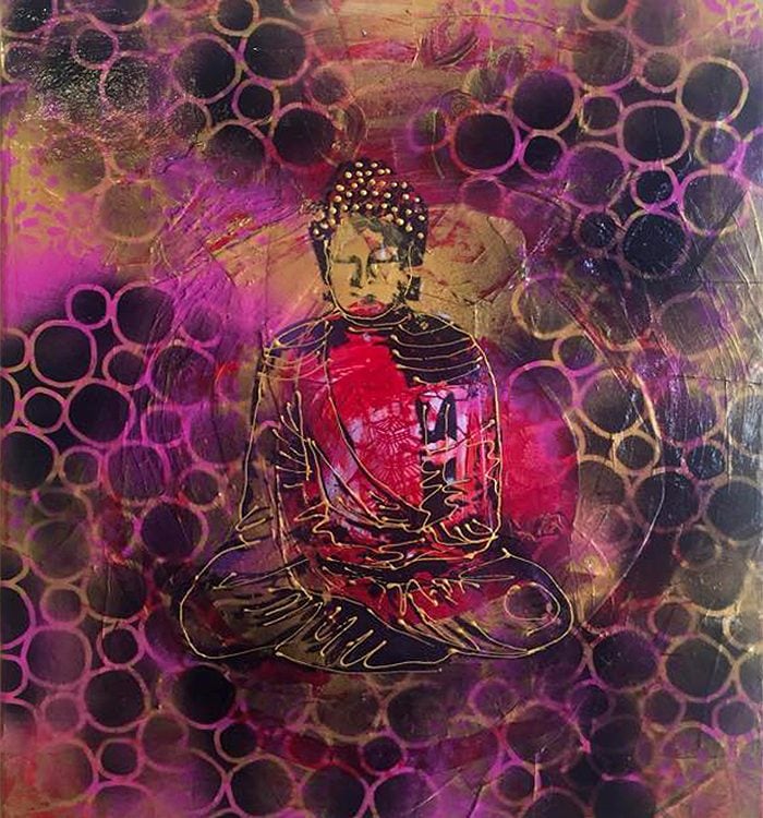 Spray Paint Buddha, 14" x 18", mixed media Buddha on canvas, ©Kellie Day