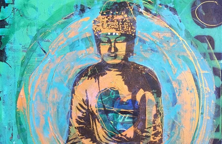 Street Art Buddha, 14" x 18", mixed media Buddha on canvas, ©Kellie Day