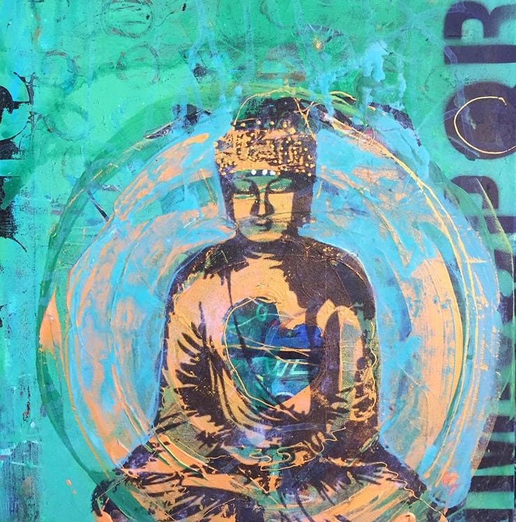 Street Art Buddha, 14" x 18", mixed media Buddha on canvas, ©Kellie Day