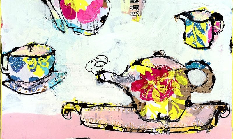 Tea with Granny, mixed media tea cups, 18" x 18", ©Kellie Day, available