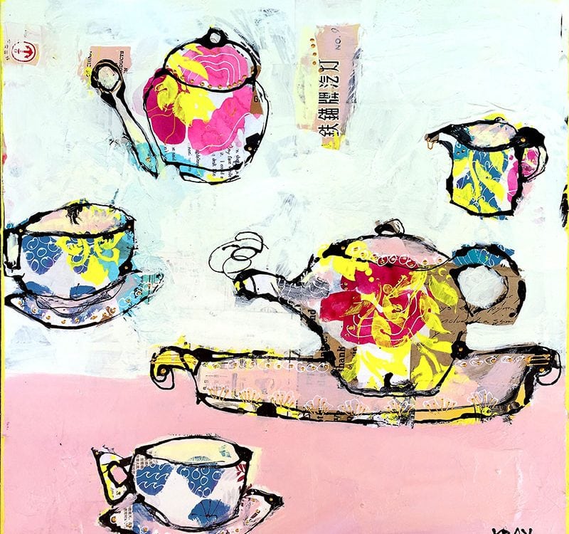 Tea with Granny, mixed media tea cups, 18" x 18", ©Kellie Day, available