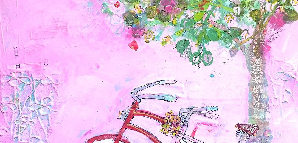 Two bikes, Pink bike painting © Kellie Day, 24" x 24, mixed media on canvas