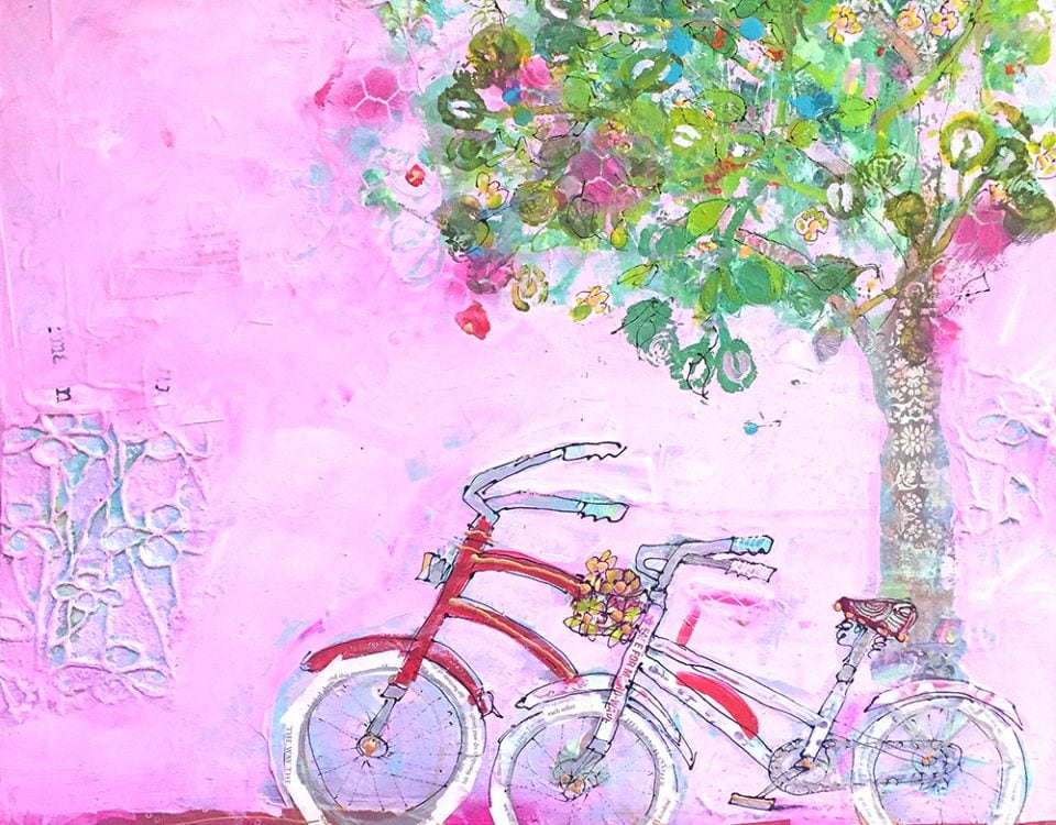 Two bikes, Pink bike painting © Kellie Day, 24" x 24, mixed media on canvas