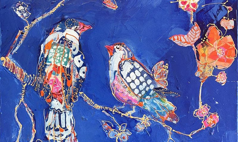 Indigo Bird painting, made with patterns I created beforehand ©Kellie Day