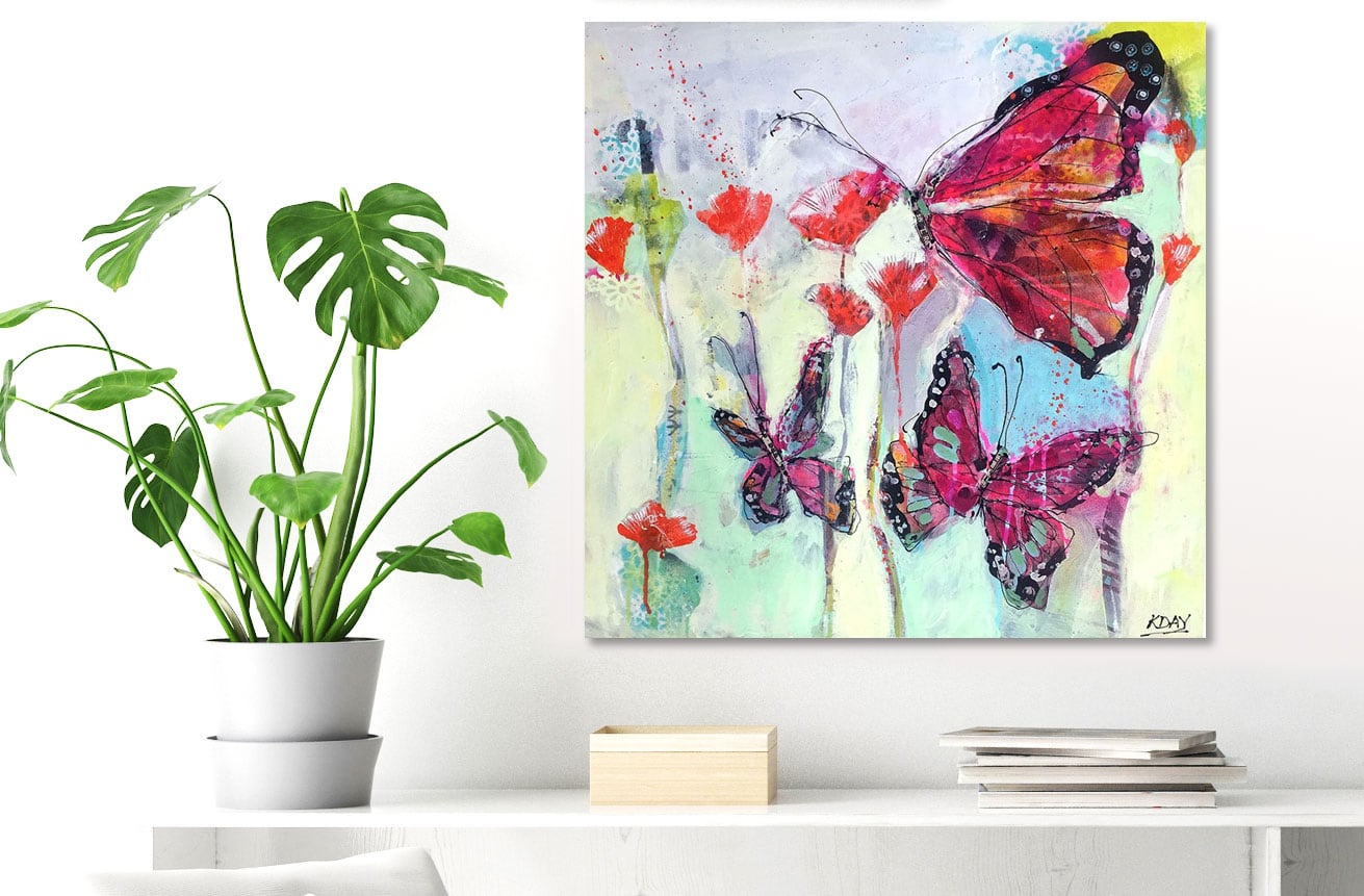 Butterfly playground, mixed media butterfly painting on canvas by Kellie Day