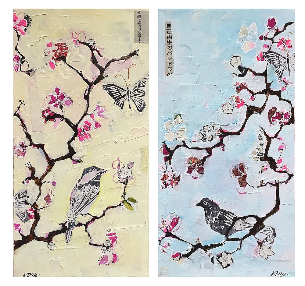 Pale Blue Bird and Yellow Bird, mixed media birds on canvas, ©Kellie Day
