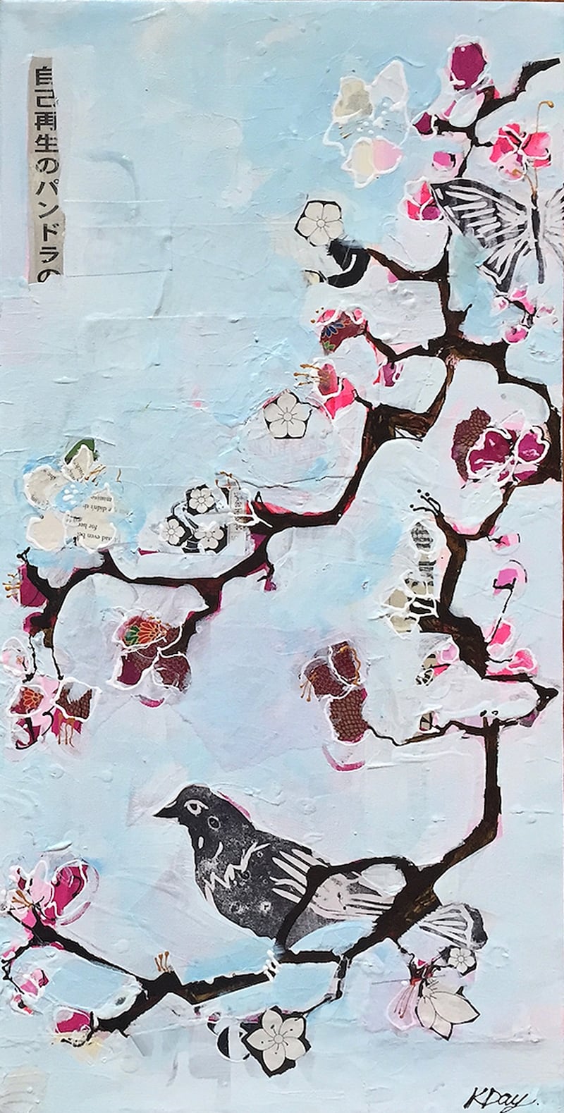 Pale Blue Bird, mixed media on canvas ©Kellie Day, 12" x 24", available