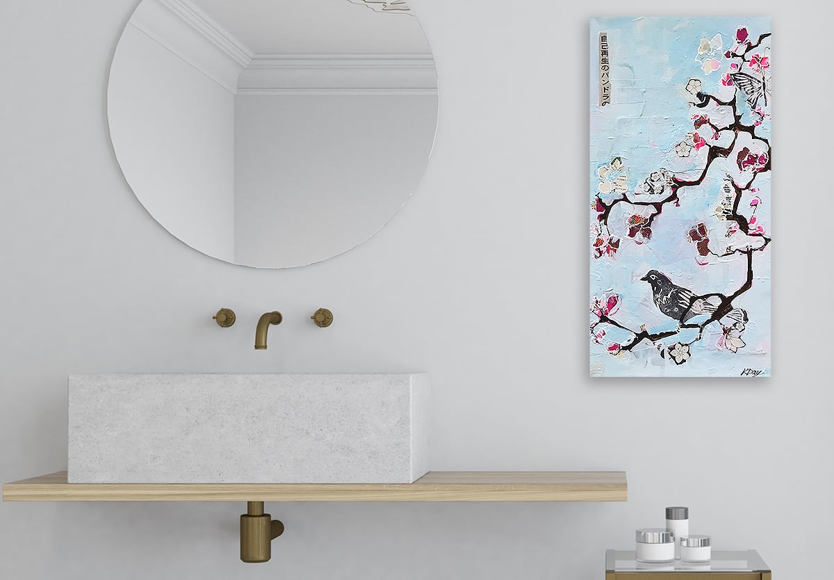 Pale Blue Bird, mixed media on canvas ©Kellie Day, 12" x 24", available