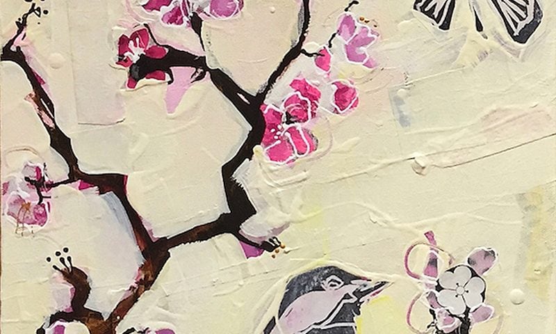 Yellow Bird, mixed media on canvas ©Kellie Day, 12" x 24", available