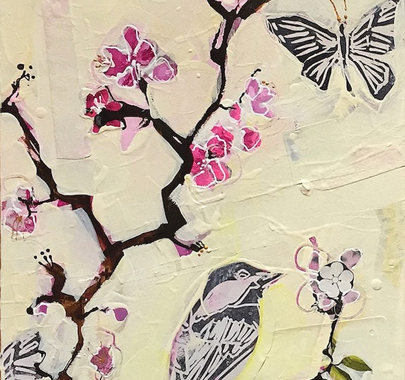 Yellow Bird, mixed media on canvas ©Kellie Day, 12" x 24", available