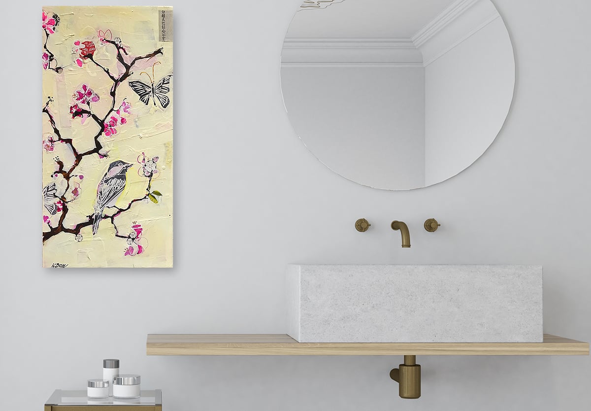 Yellow Bird, mixed media on canvas ©Kellie Day, 12" x 24", available