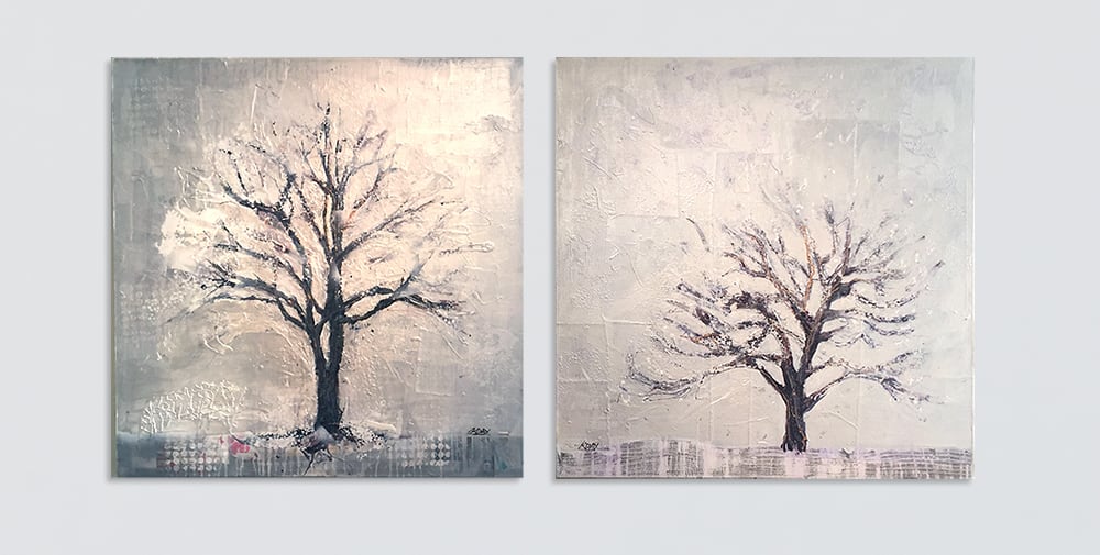 Winter Trees, ©Kellie Day, 36" x 36" each, mixed media on canvas