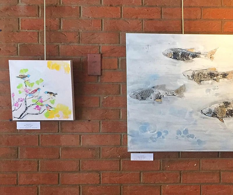 Details of In The Flow fish painting, and Poetry Birds 2 by Kellie Day