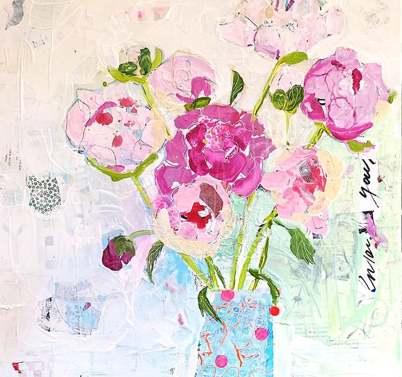 Mixed media peonies painting ©Kellie Day