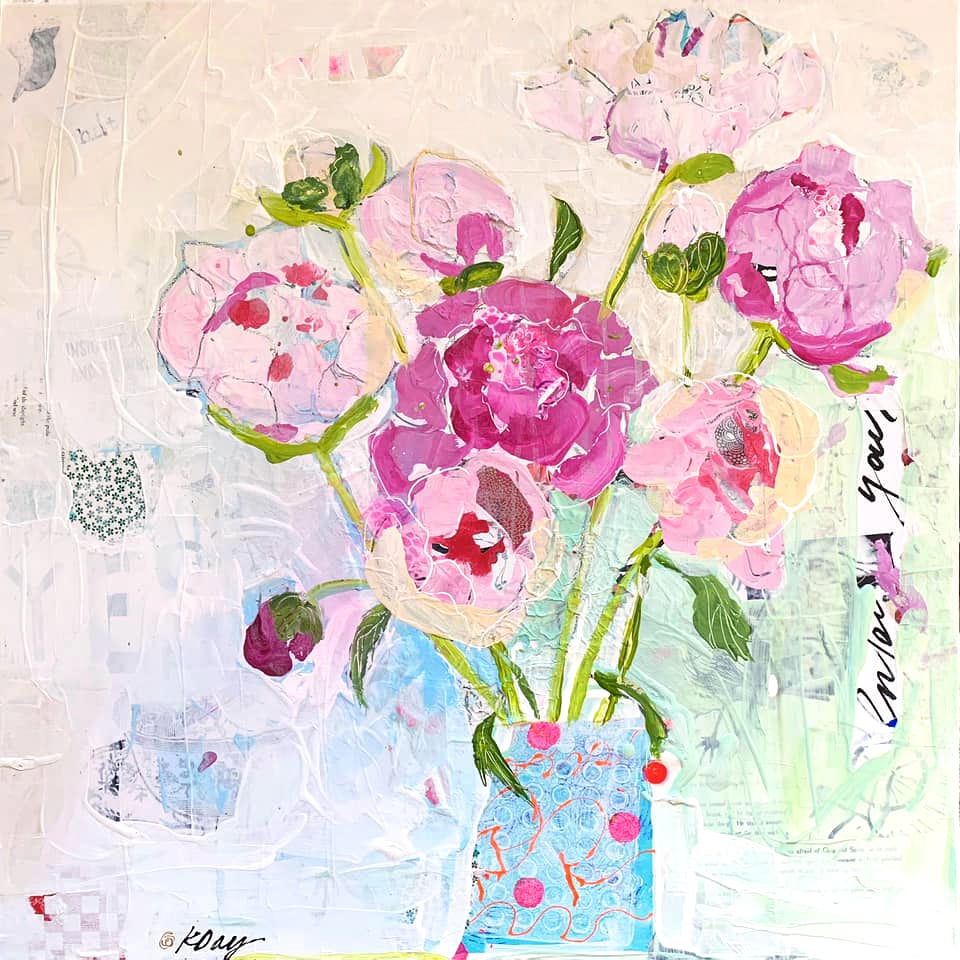 Mixed media peonies painting ©Kellie Day