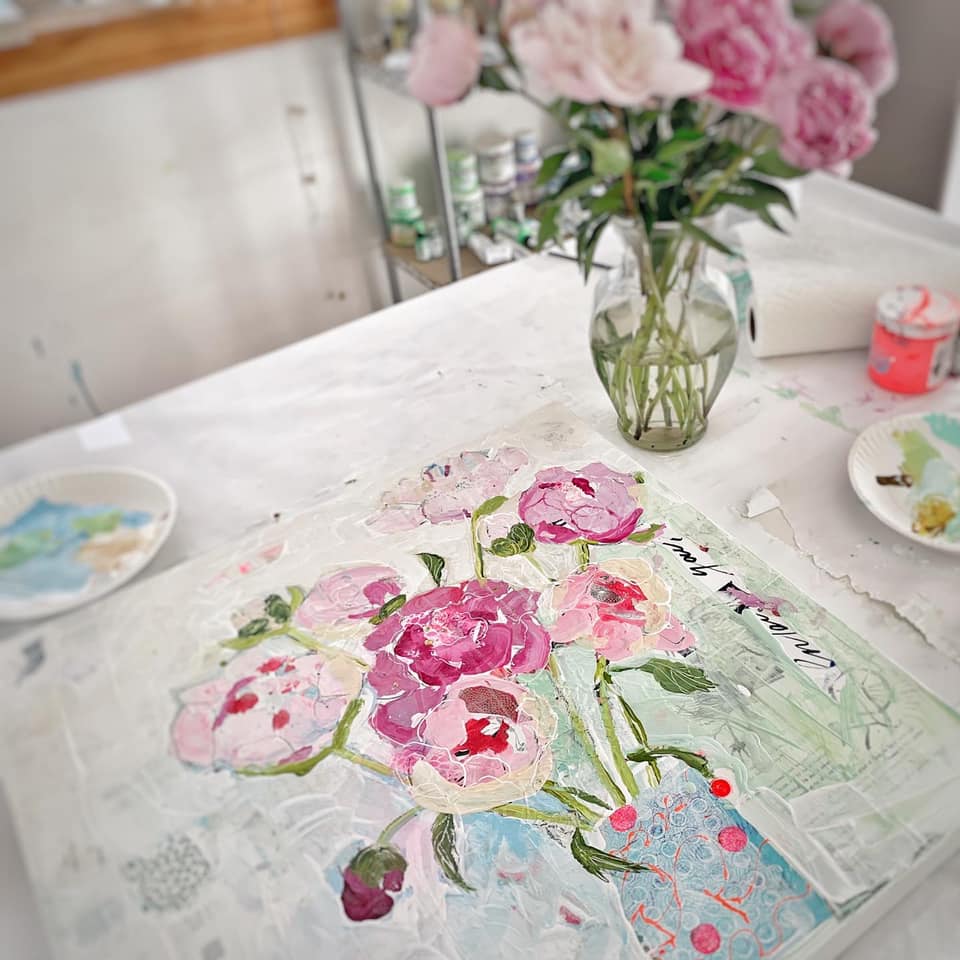 Mixed media peonies painting ©Kellie Day
