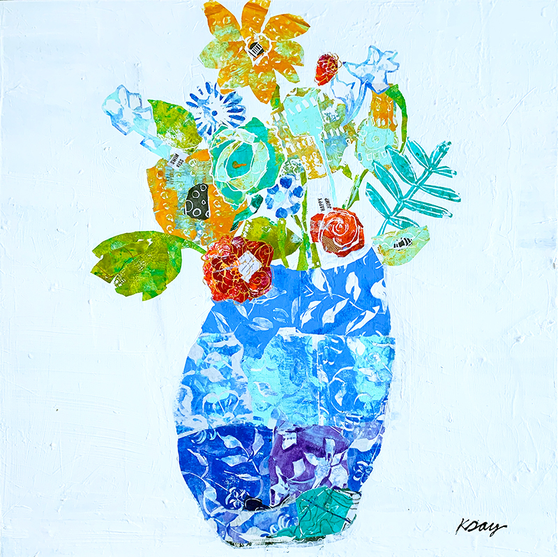 Collage flowers in vase by kellie day, mixed media flower painting