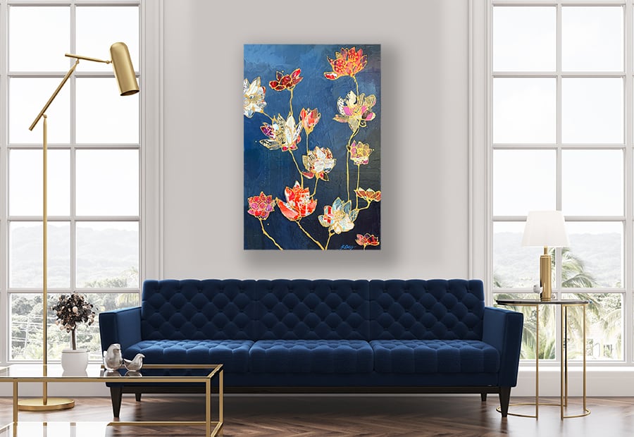 Lotus Garden, mixed media lotus flower painting