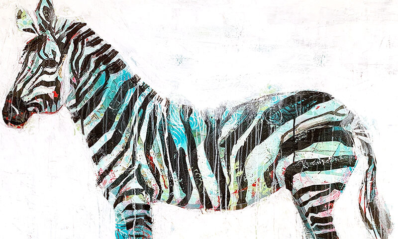 Mixed media zebra painting with spray paint, by Kellie Day