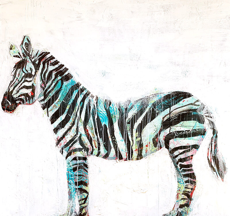 Mixed media zebra painting with spray paint, by Kellie Day