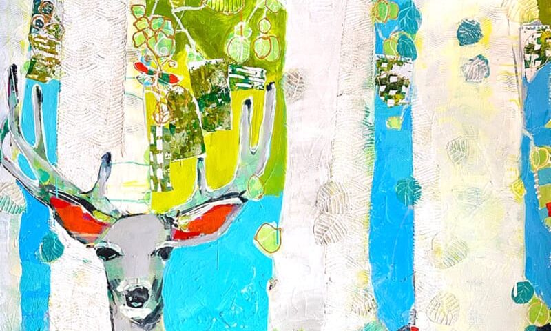 Colorful Colorado deer in aspen tree, painting by Kellie Day
