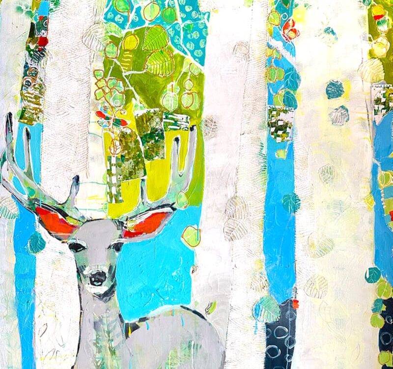 Colorful Colorado deer in aspen tree, painting by Kellie Day