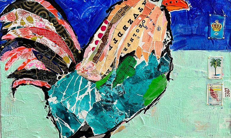 El Gallo rooster painting with collage, by Kellie Day