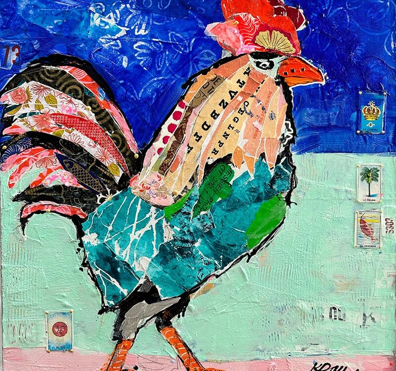 El Gallo rooster painting with collage, by Kellie Day