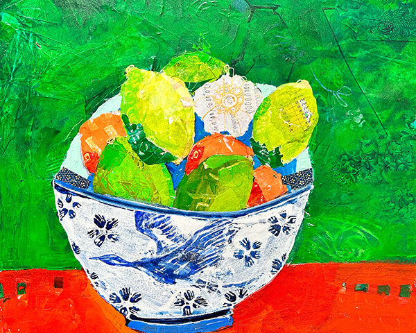 Farm Fresh painting of limes and oranges and garlic in a bowl, by Kellie Day