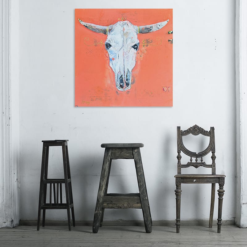 Coral Cow Skull painting by Kellie DAy, with spray paint and mixed media
