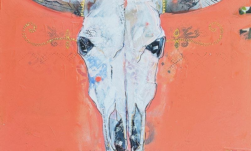 Coral Cow Skull painting by Kellie DAy