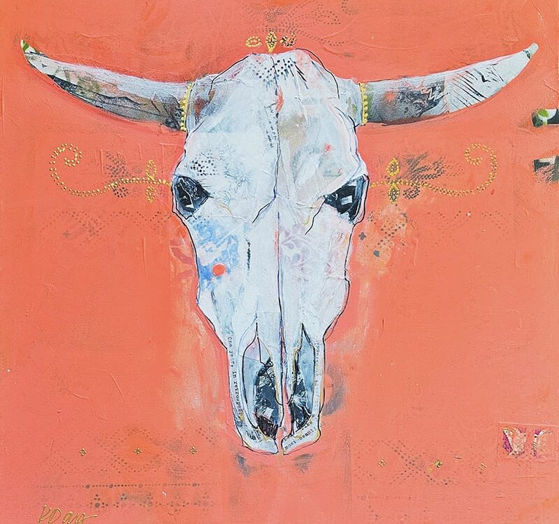 Coral Cow Skull painting by Kellie DAy