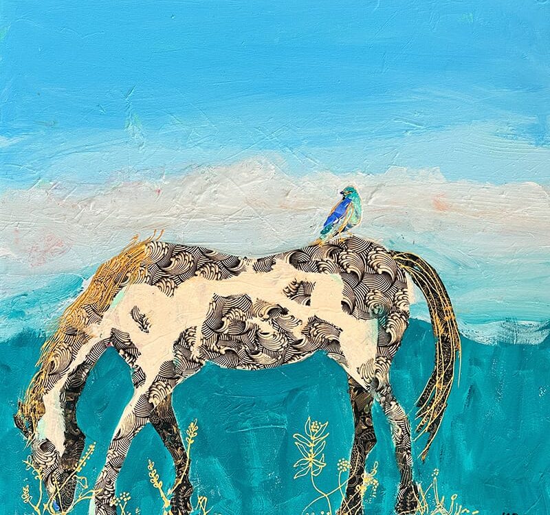 High desert paint horse with bluebird by kellie day