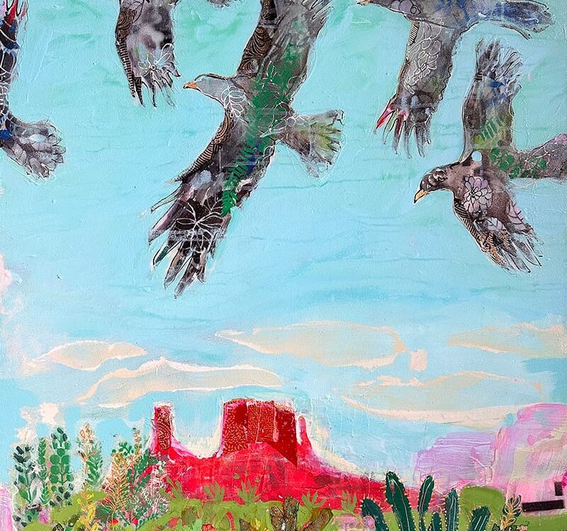 Ravens Over Castleton Tower, mixed media painting by Kellie Day