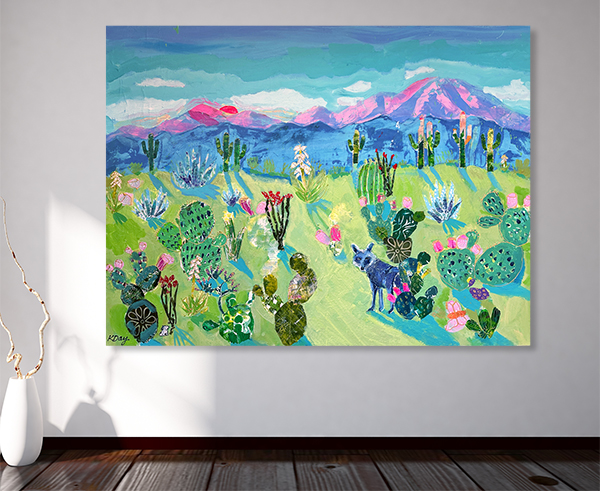 Tucson Sunset painting by Kellie Day, in mixed media with desert coyote