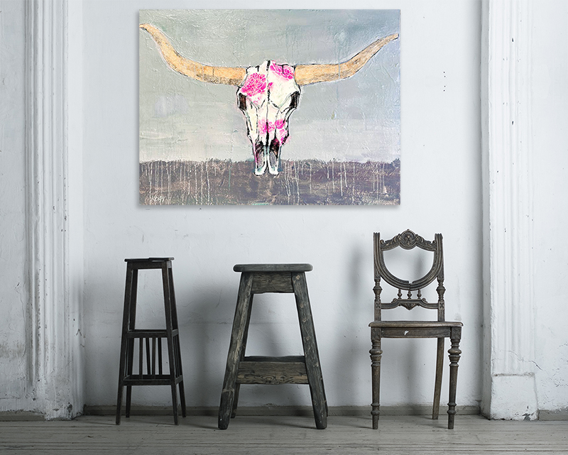 Cantina Longhorn painting by Kellie Day, with spray paint, heavy texture and fiber papers