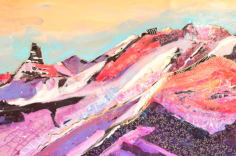 mixed media painting of wilson peak alpenglow by kellie day