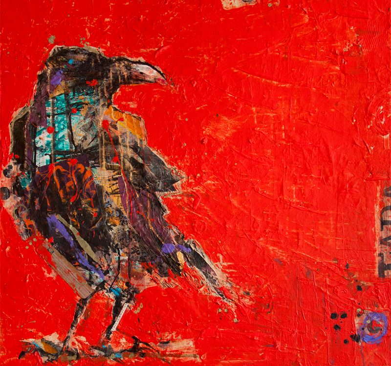 Tadasana Crow, mixed media raven painting ©Kellie Day